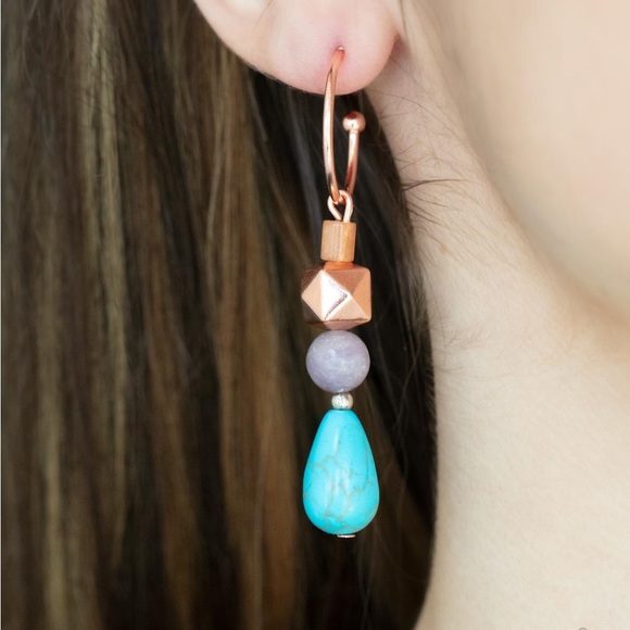 Shiny Copper, Amethyst, and Turquoise Stone Hoop Earrings by Paparazzi